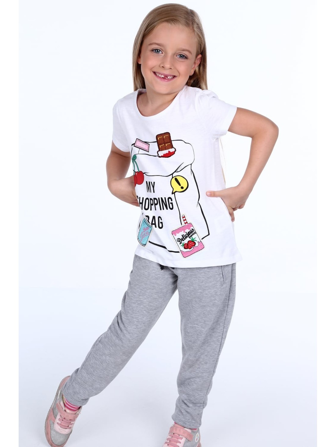 Girls\' T-shirt with patches, white NDZ8112 - Online store - Boutique